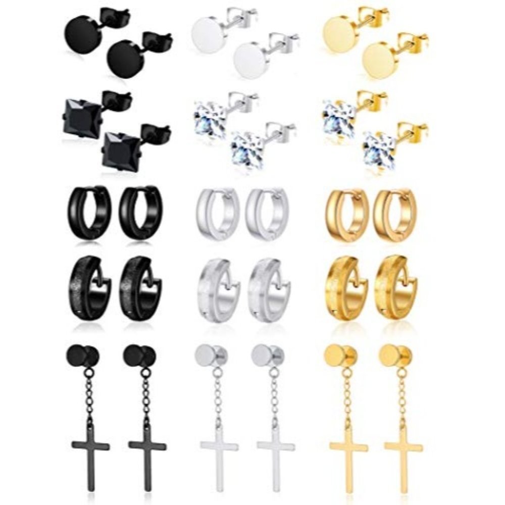 15 Pairs PUNK Stainless Steel Cross Dangle Hinged Earrings Hoop SET